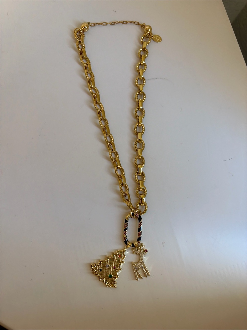 Gold-Tone Holiday Charm Necklace with Tree & Reindeer